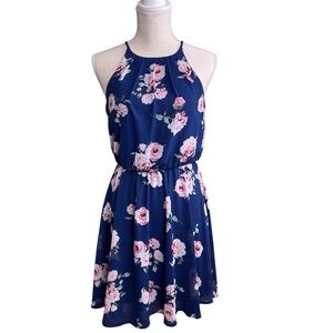 Francesca's Blue Rain Halter Dress Blue Pink Floral Women’s Size Small EUC